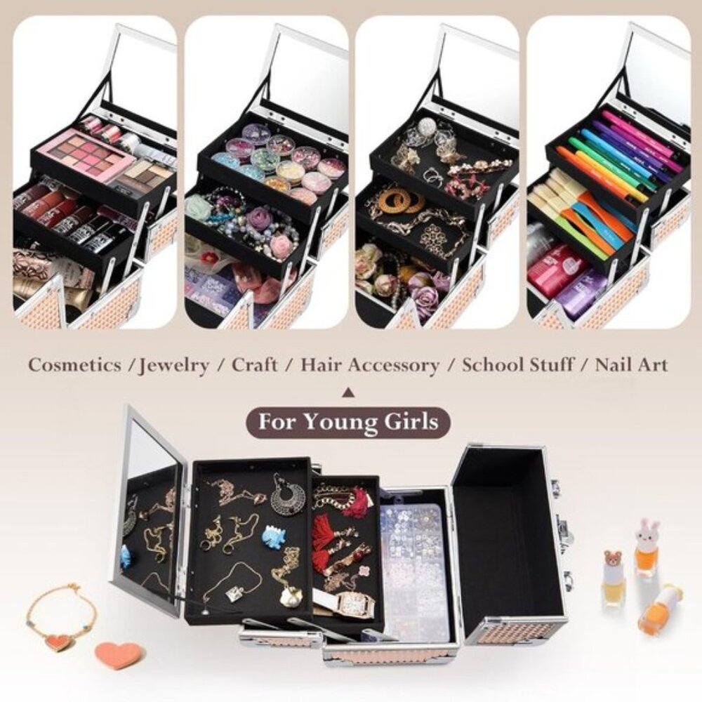 New Rose Gold Kids Makeup Train Case, Lockable Box with Mirror for Travel Use - Picture 2 of 10